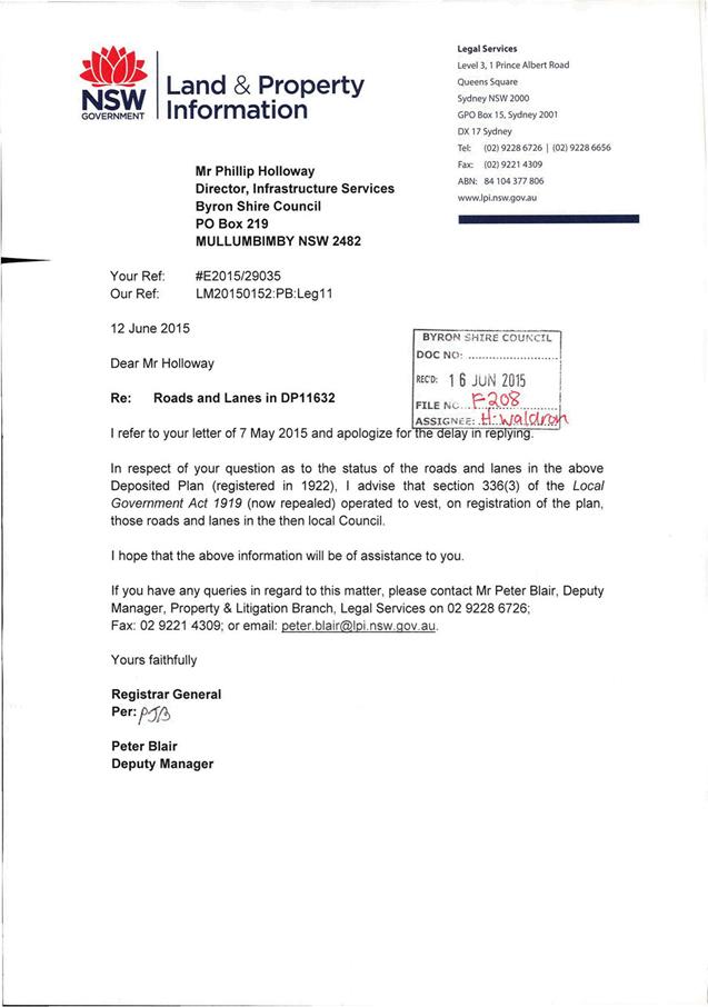 Letter from NSW Land & Property Information regarding Roads and Lanes in DP11632 (refers to