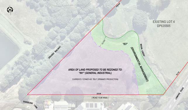 area to be rezoned industrial with minimum 20m environmental buffer