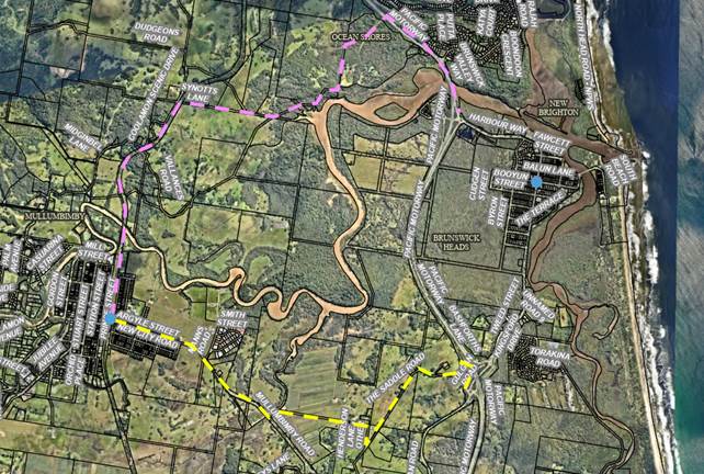 Map showing Route A and Route D options to connect Mullumbimby to Brunswick Heads.  Route A is pink dashed line and Route D is yellow dashed line

