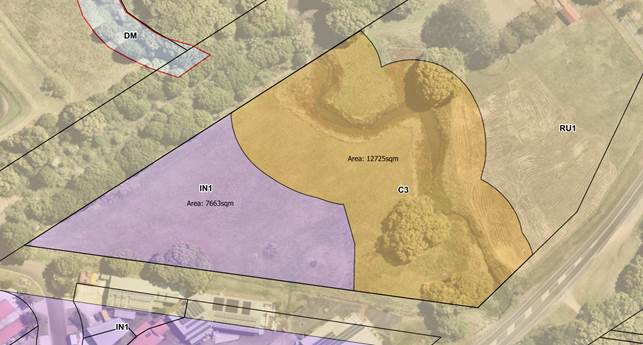 Zoning map including 40m C3 buffer. IN1 area 7663m2 and C3 area 12725m2
