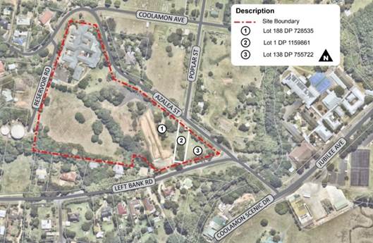 Subject Land Plan showing the site boundary around the Former Mullumbimby Hospital Site and the three lots that make this up.