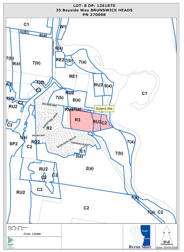 A map of a neighbourhood in Brunswick Heads highlighting the subject site of 35 Bayside Way.