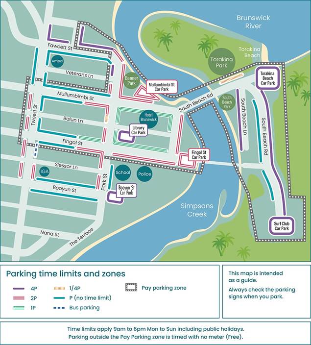 Map showing parking time limits and zones for Brunswick Heads pay parking zone