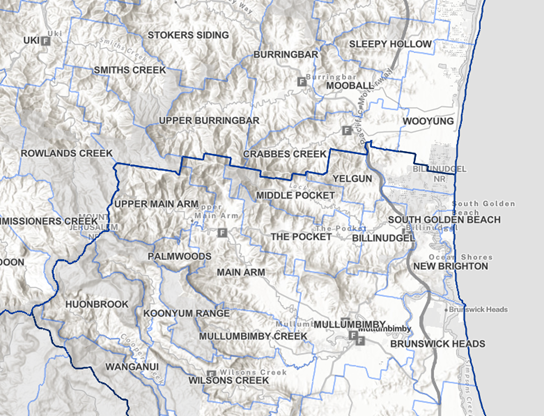 A map showing postcodes in and around the Byron Shire